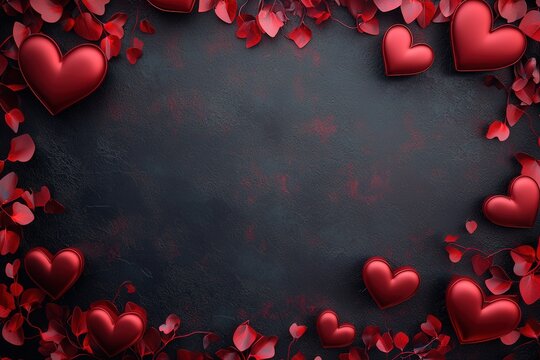 A dark background is adorned with vibrant red hearts and delicate leaves, perfect for romantic themes and celebrations like Valentines Day or anniversaries.
