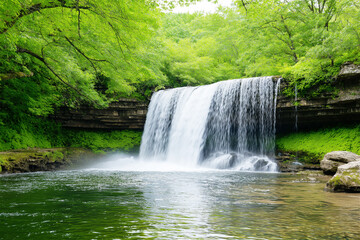 Fototapeta premium A cascading waterfall flows into a calm river surrounded by vibrant greenery, showcasing a peaceful and untouched natural landscape.