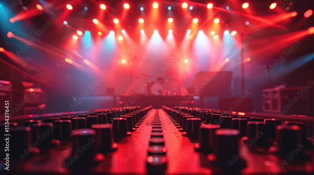 Poster a close-up view of a sound mixing console with vibrant stage lights in the background.