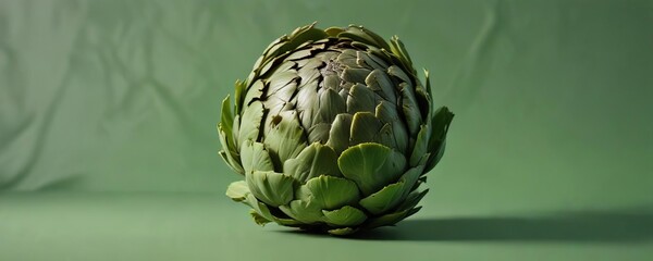 Fototapeta premium Artichoke Closeup on Simple Green Background with Deep Shadows, food, plain, minimalist