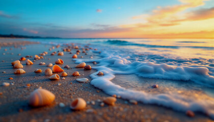 Seashells along the beach nature image of a serene coastal beach from above tranquility and beauty