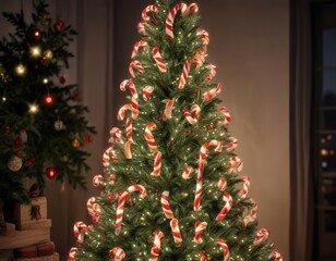 Flameless candy cane LED lights in a modern Christmas tree, Christmas tree, holiday lighting, icy sparkle