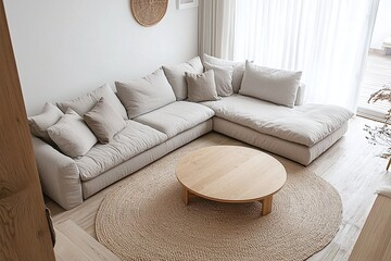 Modern minimalist interiors in residential living rooms with windows visible and sofas and tables. Generative AI
