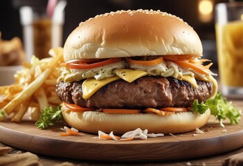 A perfectly cooked cheeseburger with a toasted bun and a side of tangy coleslaw, side dish, salad, vegetable