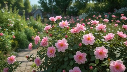 Fototapeta premium Blooming wild roses and flowers in a summer green garden, garden, wild roses