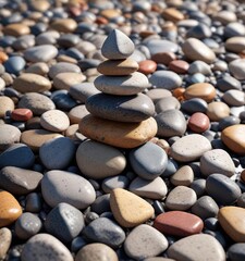 River stones stacked in a triangular formation, natural beauty, natural arrangement, landscape feature