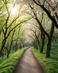 A Winding Path Leads Through a Mossy Forest with Delicate Cherry Blossoms in Bloom. Nature Photography