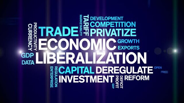 Economic Liberalization animated word cloud;text design animation tag kinetic typography seamless loop.