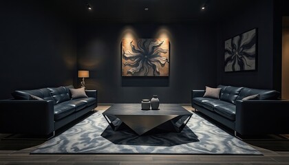 A modern living room with dark blue leather sofas, a geometric coffee table, and a large abstract painting on the wall.