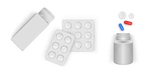 Pharmaceutical pills, medicine bottles and pills in blister packs. Pharmacy treatment vector format