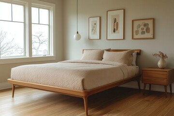 A modern minimalist interior design of a residential living room with walls and beds with art frames. Generative AI
