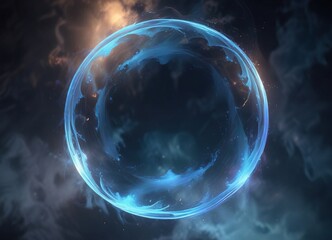 Ethereal blue mist swirling around a glowing abstract circle, glowing, atmospheric, aura