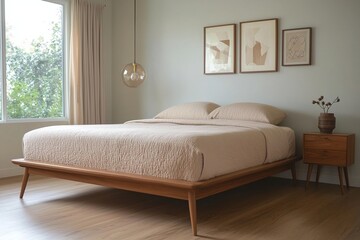 A modern minimalist interior design of a residential living room with walls and beds with art frames. Generative AI
