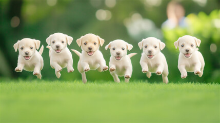 Fototapeta premium Six adorable puppies running together across a vibrant green field, full of energy and joy. Perfect for pet lovers and energetic animal-themed visuals.