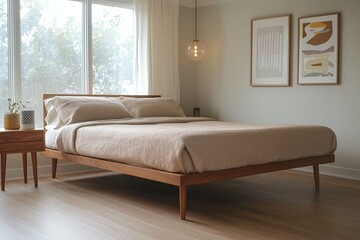 A modern minimalist interior design of a residential living room with walls and beds with art frames. Generative AI
