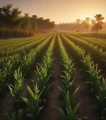 Obraz premium Warm tones and long shadows on a lush corn landscape at dusk , atmosphere, long shadows, ambiance