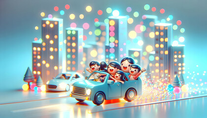 3D Soft abstract image of a family excitedly driving through a city with colorful bokeh lights concept as A medium shot shows a family in a car joyfully driving through a city adorned with colorful bo