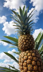 Tropical pineapple against a bright blue sky with fluffy white clouds, fresh air, serenity, tropical fruit