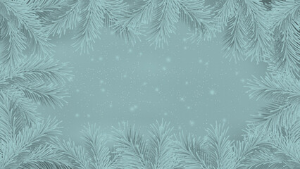 Winter template with silhouette of spruce branches and falling snow on colorful background.