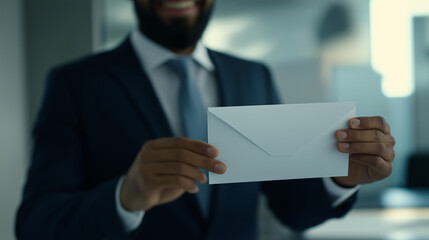 Successful businessman receiving envelope with salary raise or bonus, expressing joy and satisfaction. Corporate reward, financial incentive, and career advancement concept in professional workplaces.