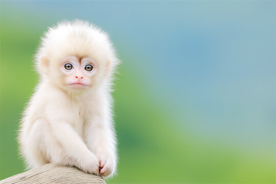Adorable white baby monkey sitting on a branch against a serene green gradient background. A perfect image symbolizing innocence and natural beauty.