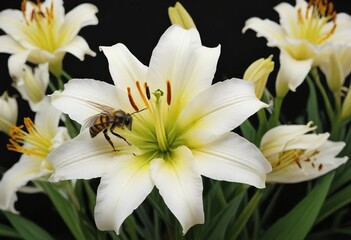 Fototapeta premium Yellow and black striped bee on white lily flowers, bees in bloom, colorful bees