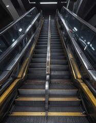 Bottom step of an empty escalator with no railing, emptiness, flat floor