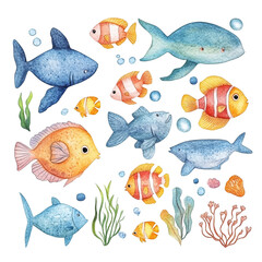 Vibrant Underwater World: A Watercolor Collection of Ocean Life