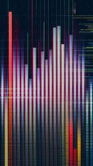 Abstract digital data visualization with colorful vertical bars and lines on a dark background, representing financial or statistical information.