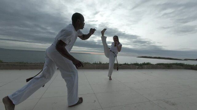 Two individuals practicing capoeira martial arts near a serene ocean backdrop outdoors