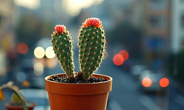 Twin Flowering Cactus in Terracotta Pot on Urban Balcony
