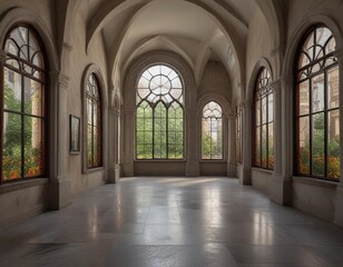 Obraz premium Narrow museum gallery with arched windows and stone floor, museum gallery, narrow hallway