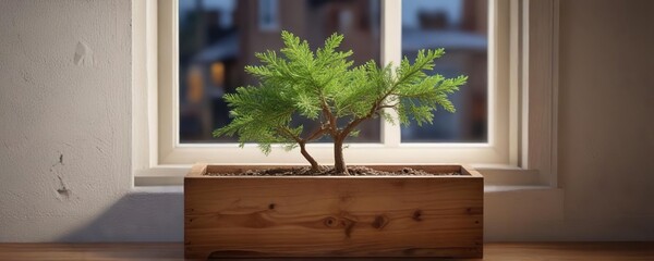 Single small cedar tree in a wooden planter box on a window sill, minimalist christmas, window sill