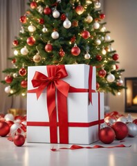 White gift box with a red ribbon tied around it near Christmas tree and ornaments, decorative item, ornaments, festive atmosphere