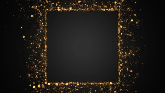 abstract gold square frame with golden glitter shiny stars and bokeh lights and particle ,dark luxury holiday christmas and new year social media motion background	