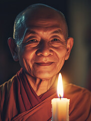 portrait of Buddhist monk smiling with candle in hand