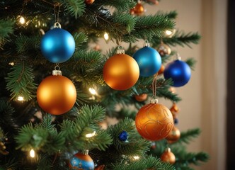 Obraz premium Orange and blue ornaments hung on a Christmas tree, hanging decorations, orange, Christmas tree