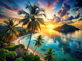 Double exposure captures paradise: Palm Beach's lush palms meet vibrant ocean.