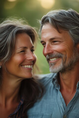 Fototapeta premium A close up portrait of a smiling couple walking hand in hand. The woman is looking lovingly at the man, while he looks forward with a relaxed expression. Both faces are naturally lit by soft 
