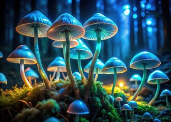 Fototapeta premium Ethereal bioluminescent mushrooms illuminate the dark forest, a psychedelic nocturnal scene.