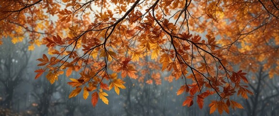 Fototapeta premium A large quantity of autumn leaves on tree branches are covered in raindrops, creating a thick layer of water , tree branches, waterfall, seasonal change