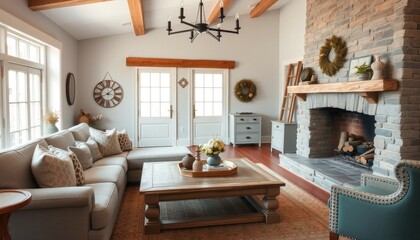 Fototapeta premium A cozy living room with a stone fireplace, wooden beams, and a large window with white curtains. The room features a comfortable sofa, a wooden coffee table, and a decorative wreath on the wall.