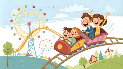 Obraz premium Joyful Family Day Amusement Park Rides Attractions Glossy Background Copy Space