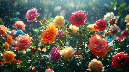 Colorful roses blooming in rain.