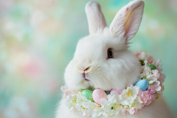 A close-up shot of a fluffy white bunny wearing a colorful Easter wreath around its neck, made of fresh spring flowers and small pastel-colored Easter eggs. The bunny looks calm and curious 