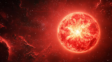 Bright red star shining in the vastness of space against a backdrop of cosmic clouds