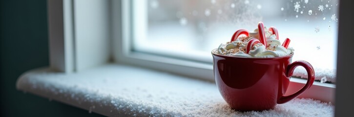 Cozy Red Mug Filled with Creamy Hot Cocoa and Candy Canes on a Winter Window Sill