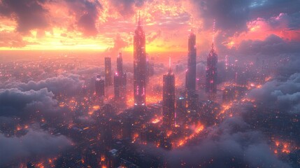 Fototapeta premium Futuristic cityscape at sunset with vibrant colors