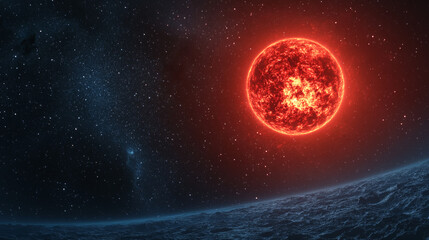 Naklejka premium Bright red sun illuminating the starry sky over an alien planet