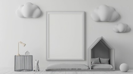 Scandinavian-style children's room mockup featuring a gray bed, small table, and poster.